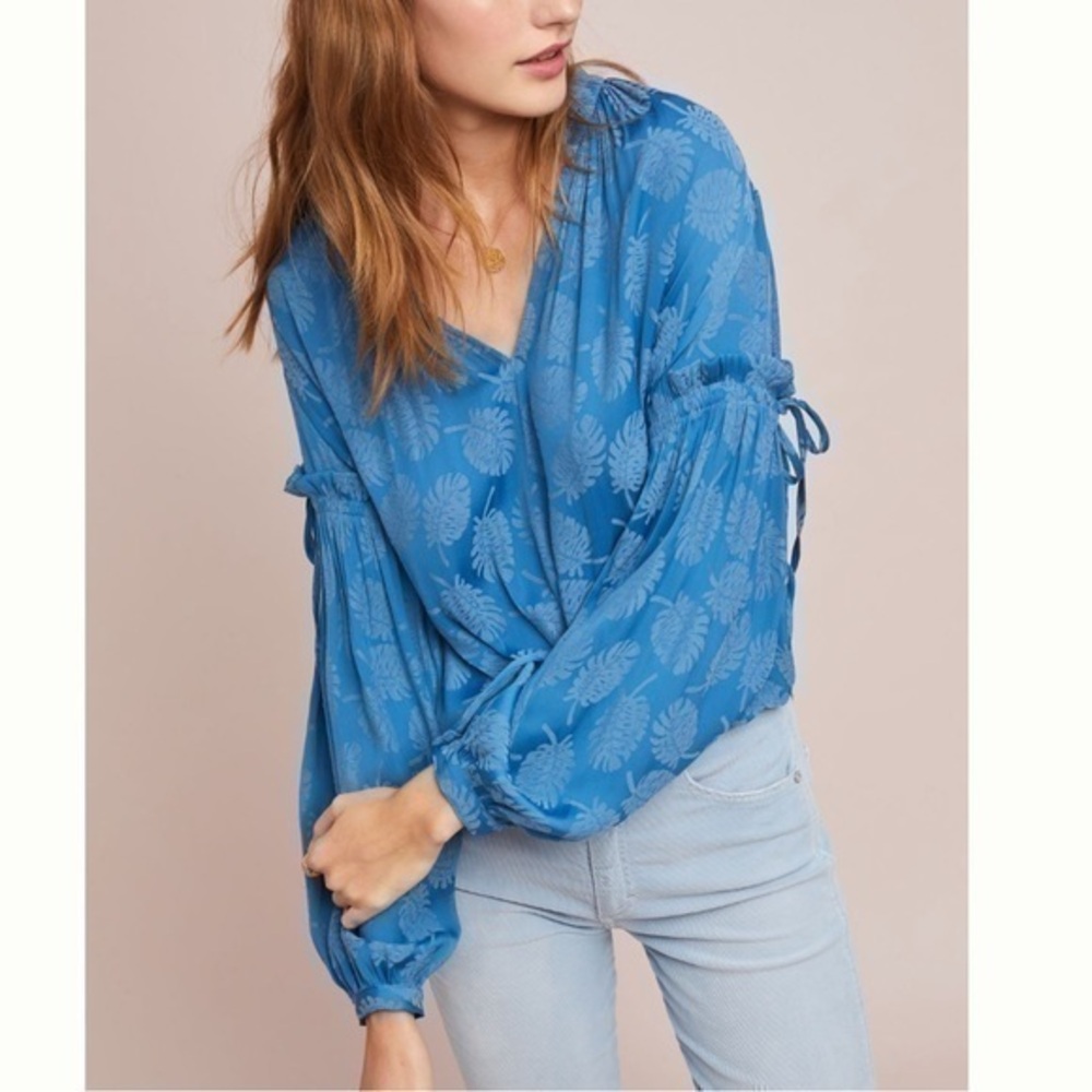 Anthropologie Palm Beach Blouse Current Air Small NWT Blue Leaf Long Sleeve